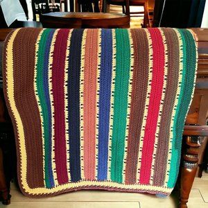 VTG Rainbow Stripe Afghan Throw Blanket Handmade Crochet Knit Granny Retro 38x54